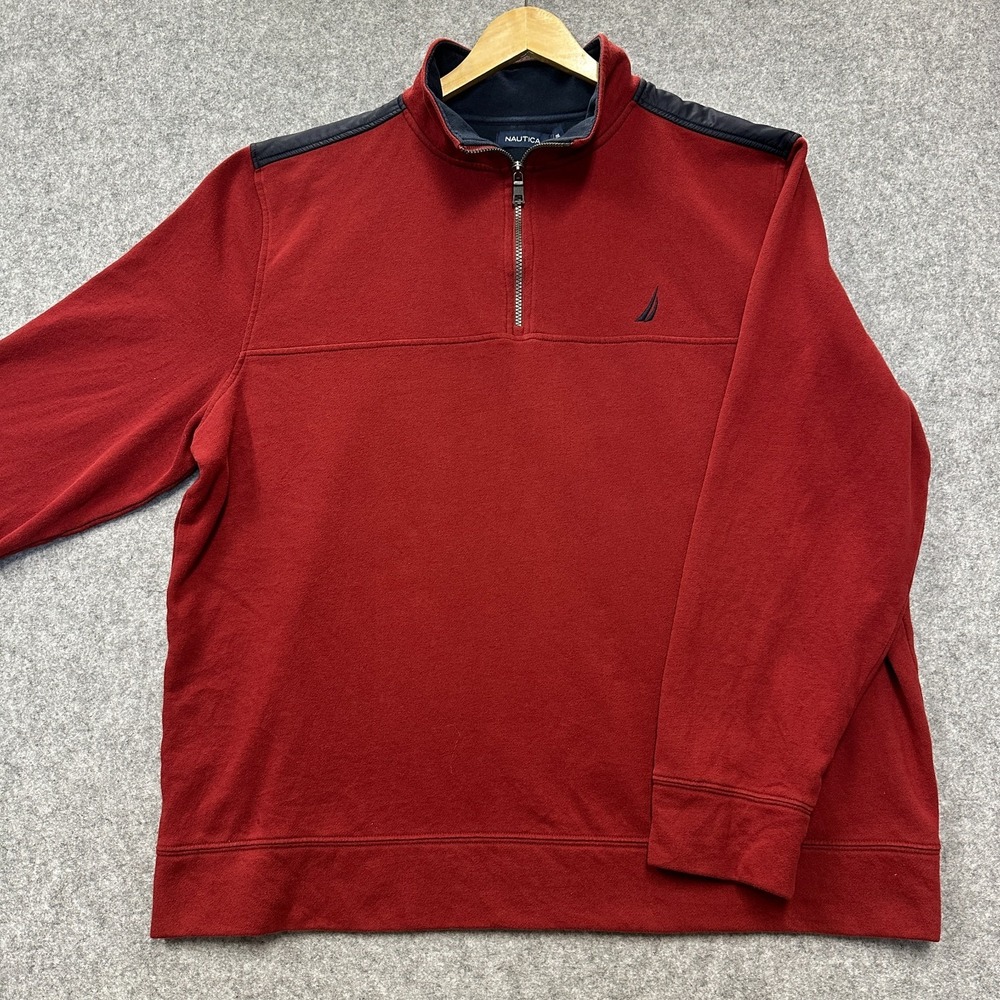 Nautica Fleece Pullover Mens Size 2XL Dark Red Quarter Zip Nylon Back Panel‎